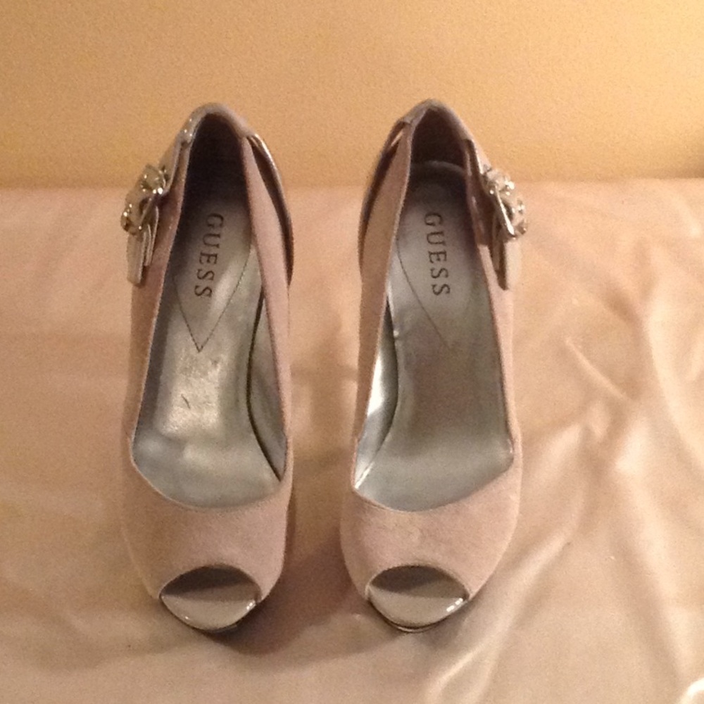 Gray Suede Guess Peep Toe Heels